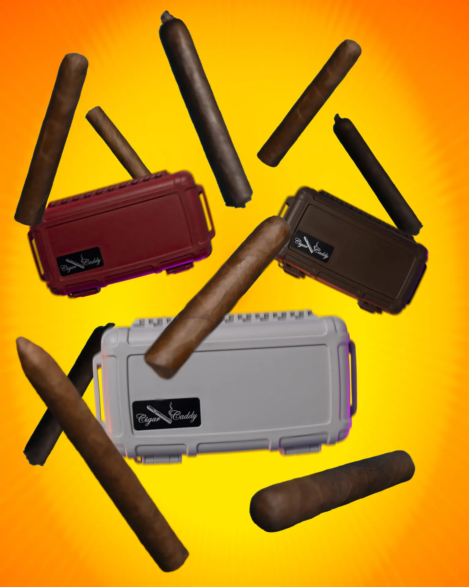 Cigar cases and cigars on a bright yellow background